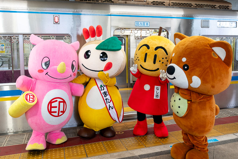 左から「いんザイ君」(印西市),「かまたん」(鎌ケ谷市),「なし坊」(白井市),「市川梨丸」(市川市)