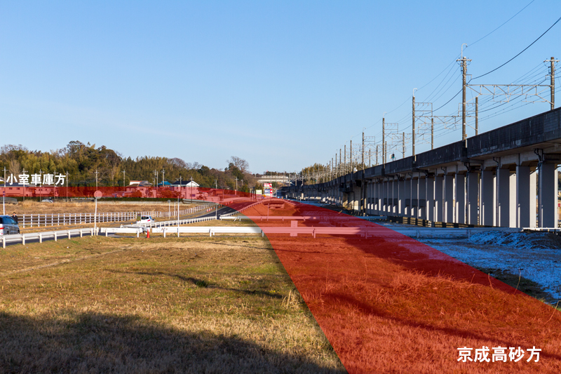 神崎川右岸には小室高架橋の建設予定地が確保されている（2014.02.05：小室・千葉ニュータウン中央間）